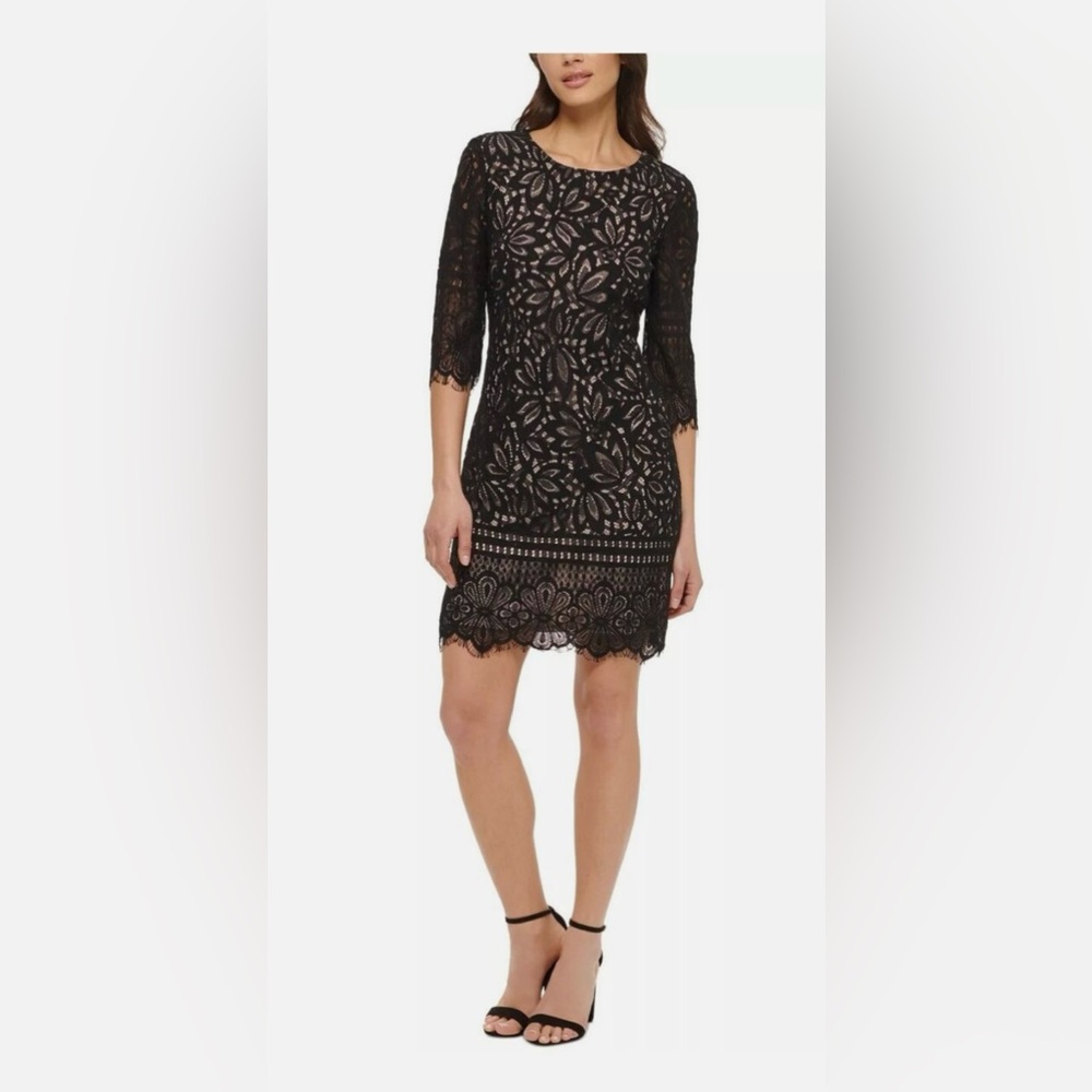 Kensie Black Floral Lace 3/4 Sleeve  Dress